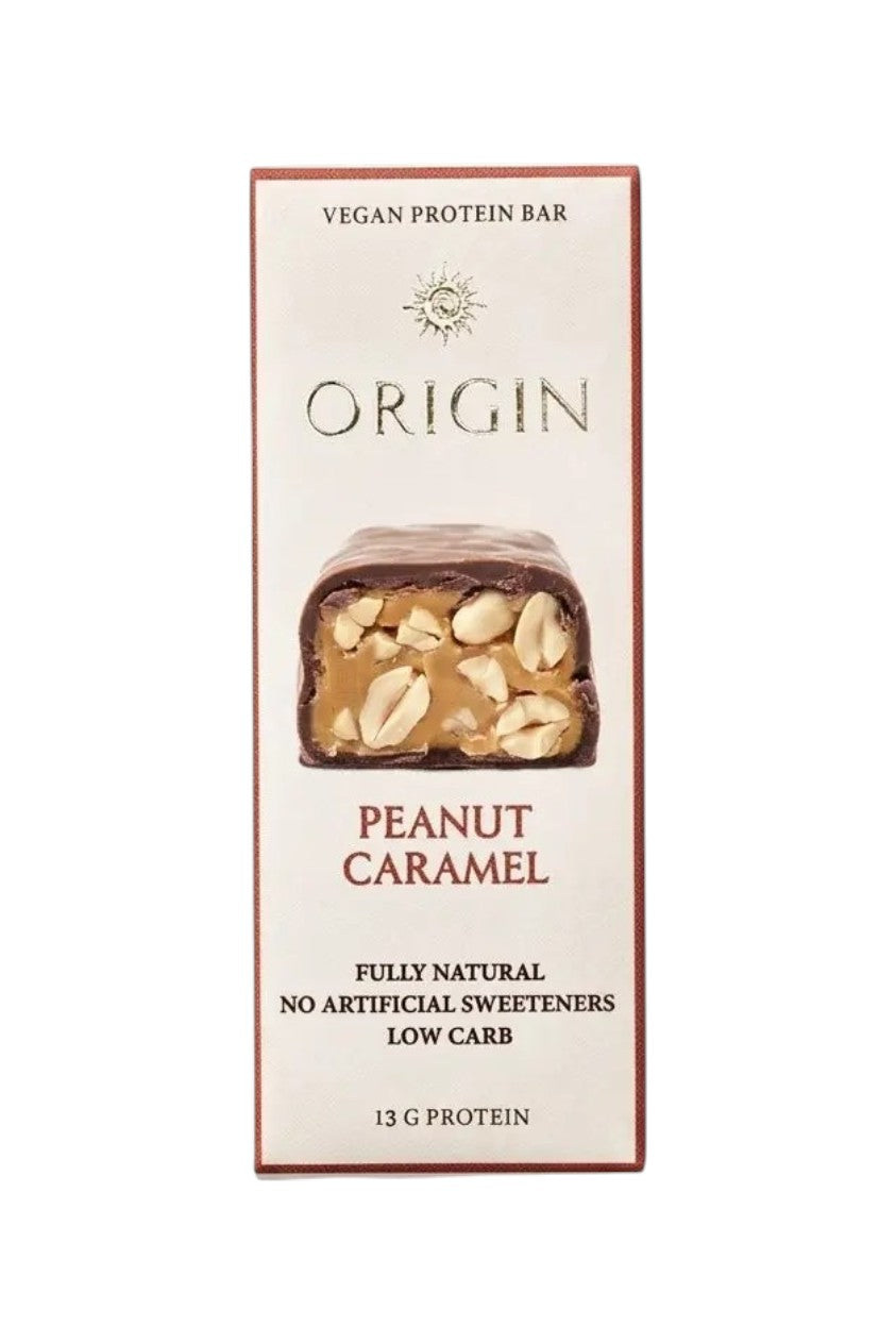 Origin Peanut Caramel Vegan Protein Bar 45g packaging