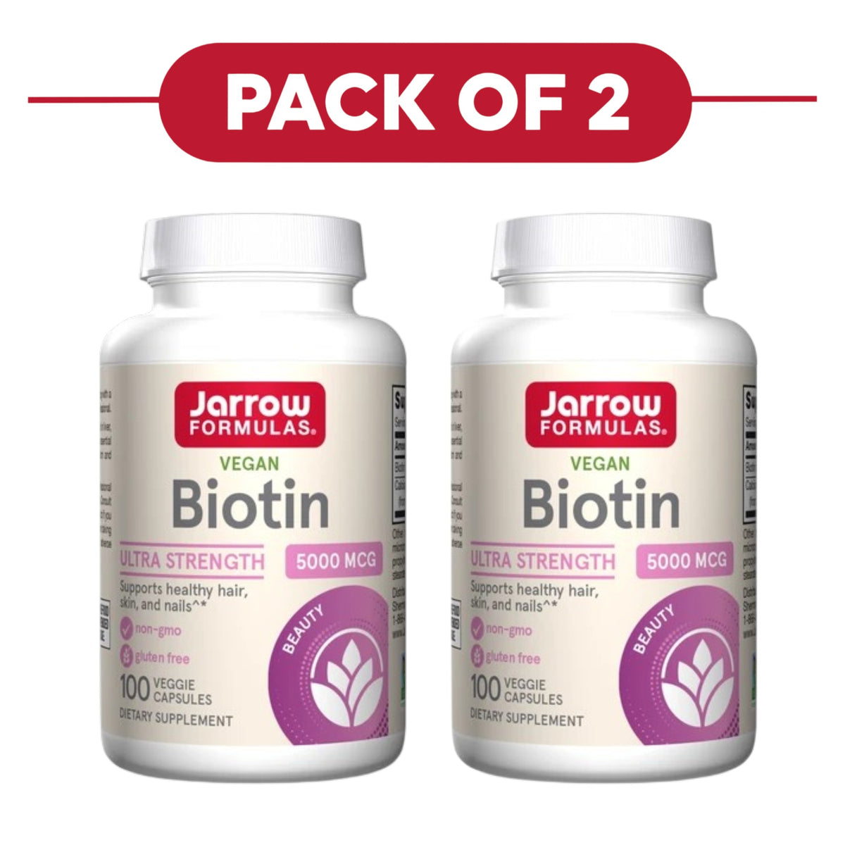 Jarrow Formulas Biotin 5000mcg Vegan 100 Veggie Capsules Pack of 2