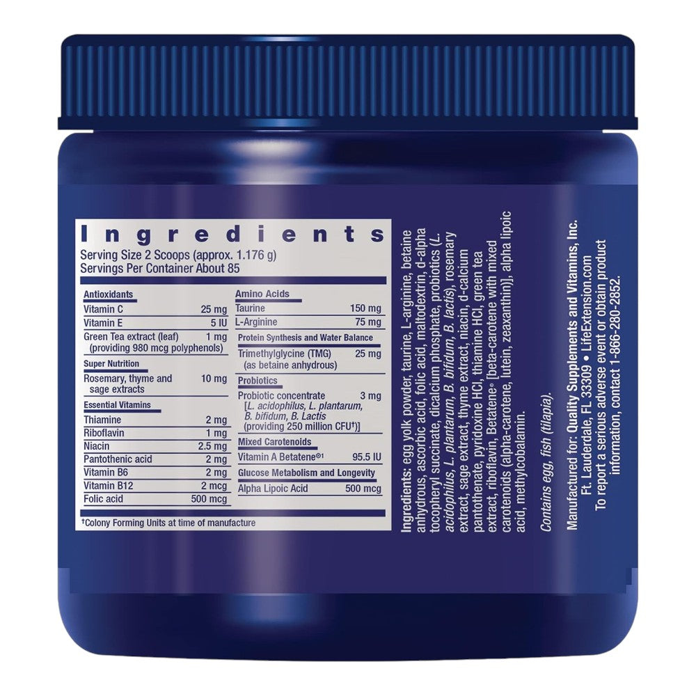 Life Extension Cat Mix Advanced Multi-Nutrient Formula 100g powder container packaging showing ingredients, no flavour, 100g