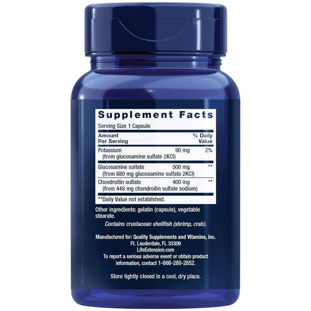 Life Extension Glucosamine Chondroitin capsules bottle packaging showing supplement facts and ingredients, no flavour, 90 capsules