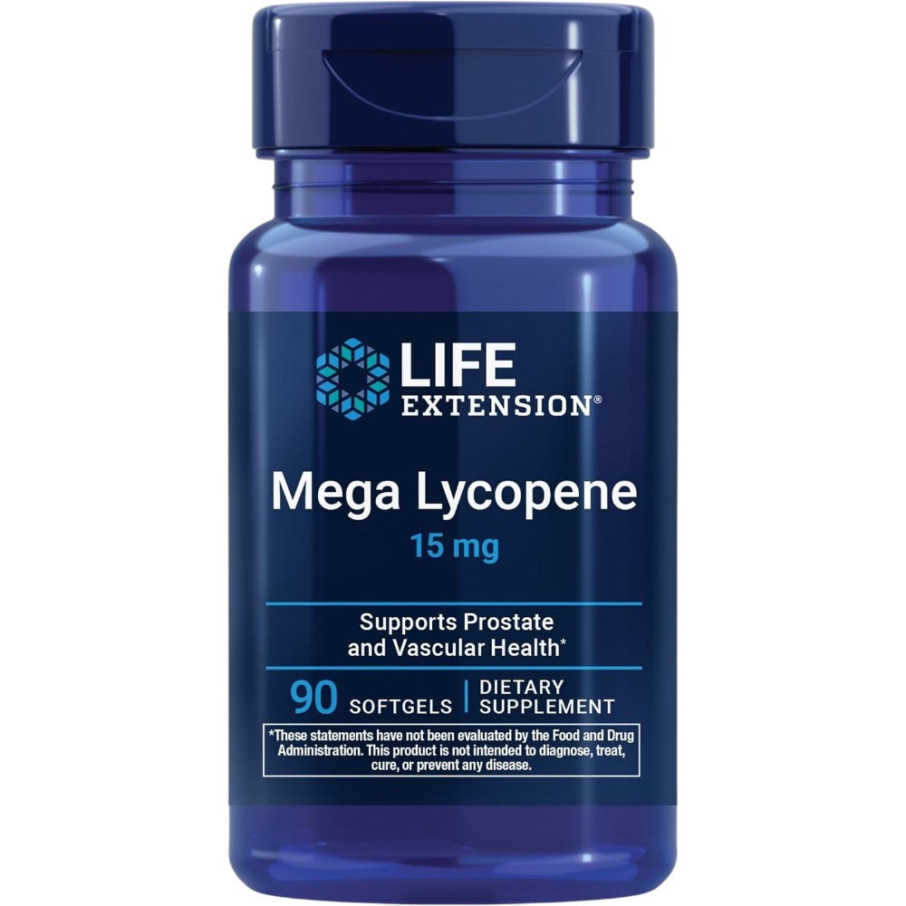 Life Extension Mega Lycopene 15mg 90 softgels blue bottle packaging, no flavour, 90 softgels