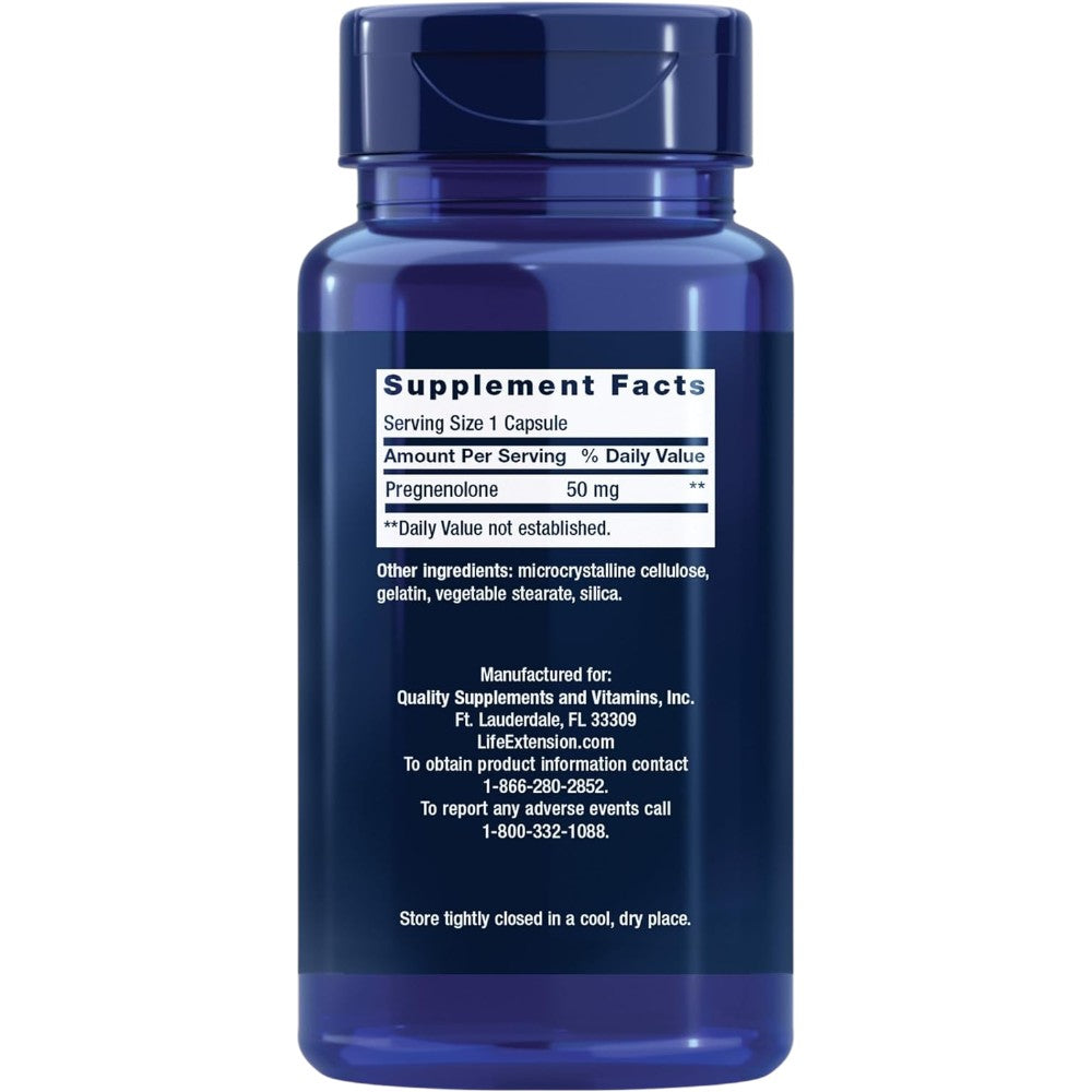 Life Extension Pregnenolone 50mg 100 capsules bottle packaging showing supplement facts and ingredients, no flavour, 100 capsules