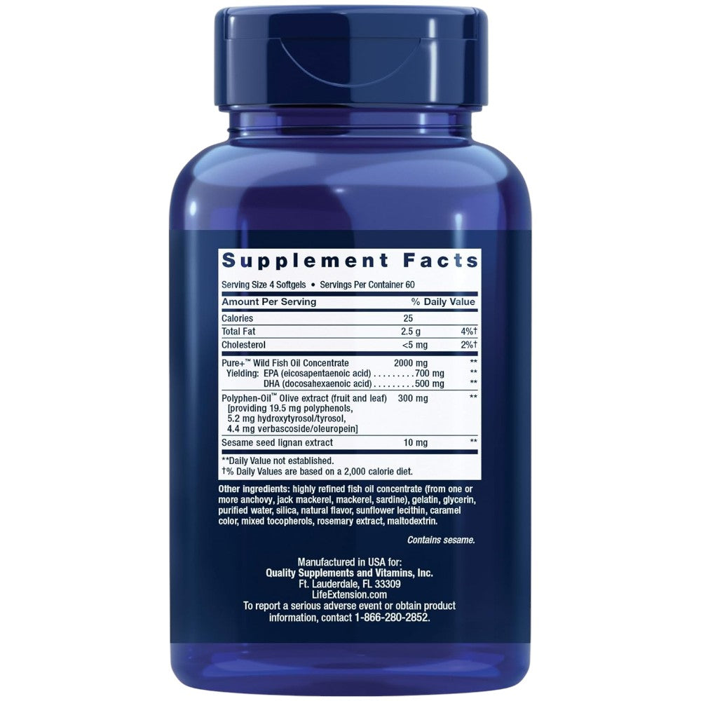Life Extension Super Omega-3 EPA DHA Fish Oil 240 softgels bottle packaging showing supplement facts and ingredients, natural flavour, 240 softgels