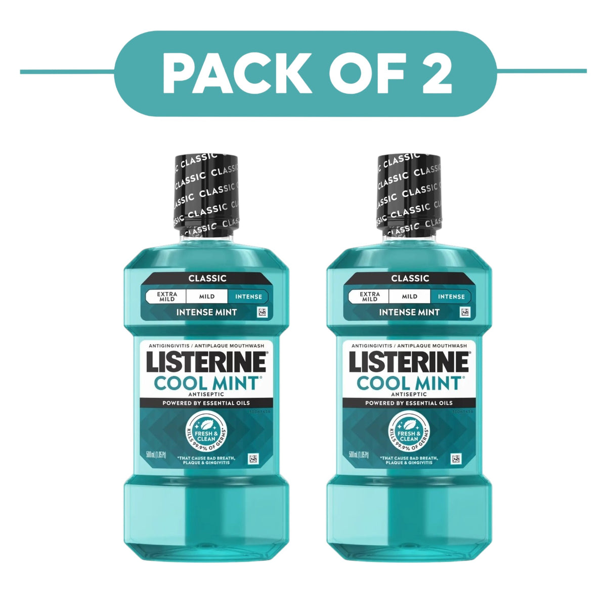 Listerine Cool Mint Antiseptic Mouthwash Intense Mint 500ml Pack of 2