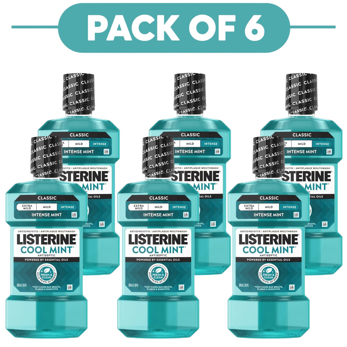 Listerine Cool Mint Antiseptic Mouthwash Intense Mint 500ml Pack of 6