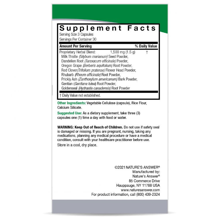 Nature’s Answer Herbal Combination Capsules 90 count supplement facts label on a white background