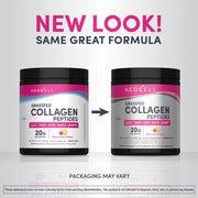 NeoCell Super Collagen Peptides Powder 190g canister, Berry Lemon flavor, on white background. Old & new packaging.