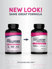 NeoCell Grass Fed Collagen Peptides bottle with Vitamin C and Biotin tablets on white background. Old & new packaging.