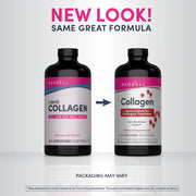 NeoCell Pomegranate Liquid Collagen 473ml bottle with fruit and green tea blend on white background. Old & new packaging.
