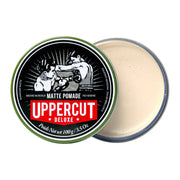Top image: Uppercut Deluxe Matte Pomade 100g tin medium hold matte styling product packaging