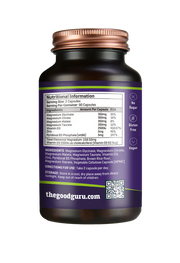 Supplement facts label for The Good Guru Quad-Magnesium Complex with D3 and Zinc, 90 count.