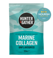Package of Hunter & Gather Marine Collagen with a Nourish Awards badge on a white background