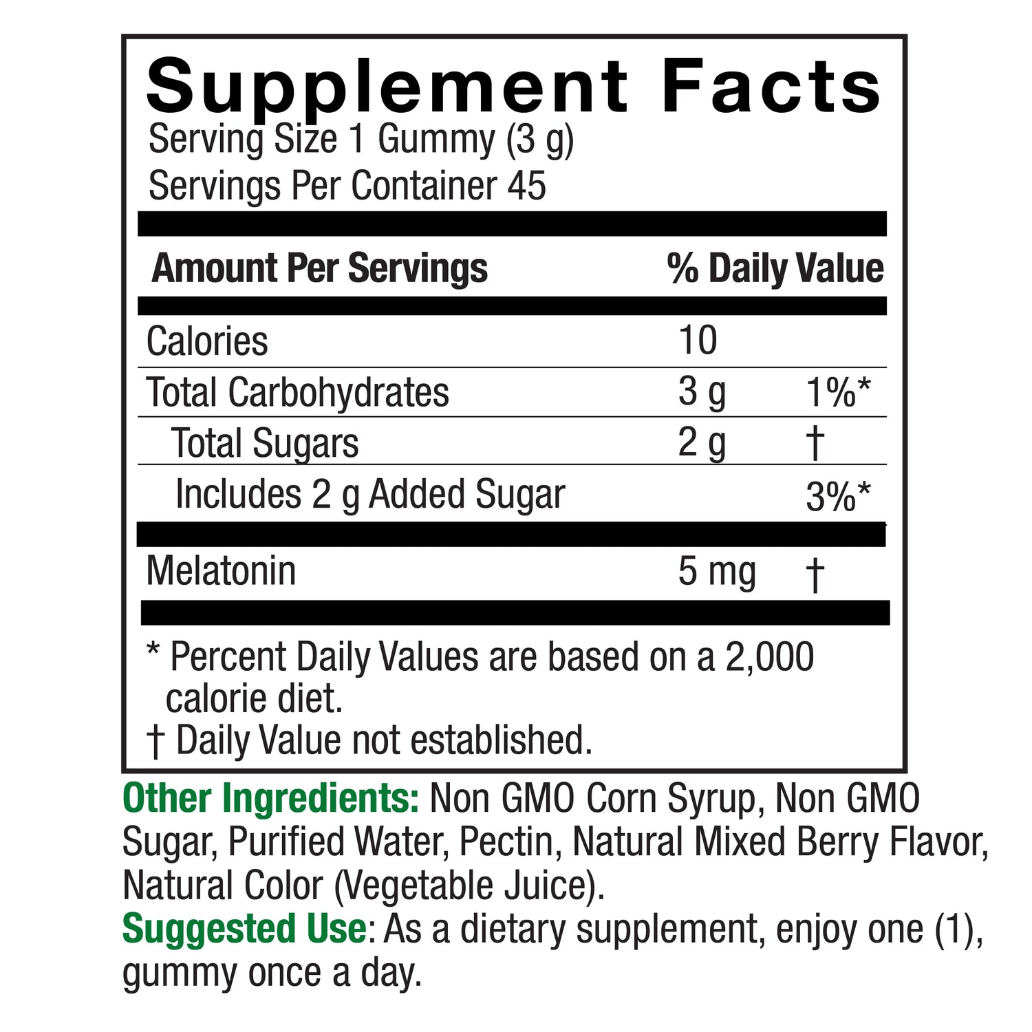 Nature’s Answer Melatonin Gummies 45 count supplement facts label