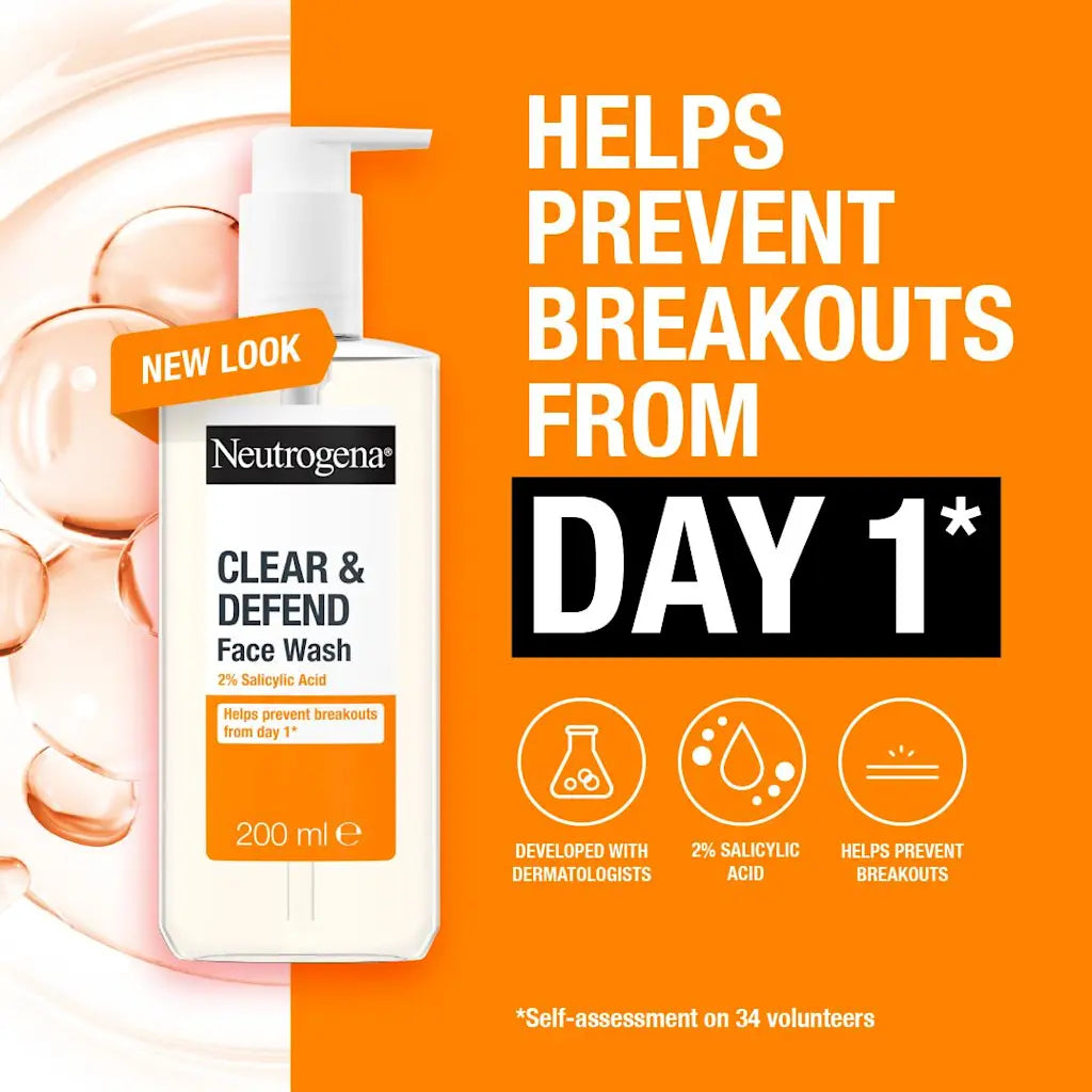 Neutrogena Clear & Defend Face Wash 200ml - 2% Salicylic Acid Purifying Cleanser