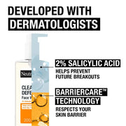 Neutrogena Clear & Defend Face Wash bottle showing usage instructions.
