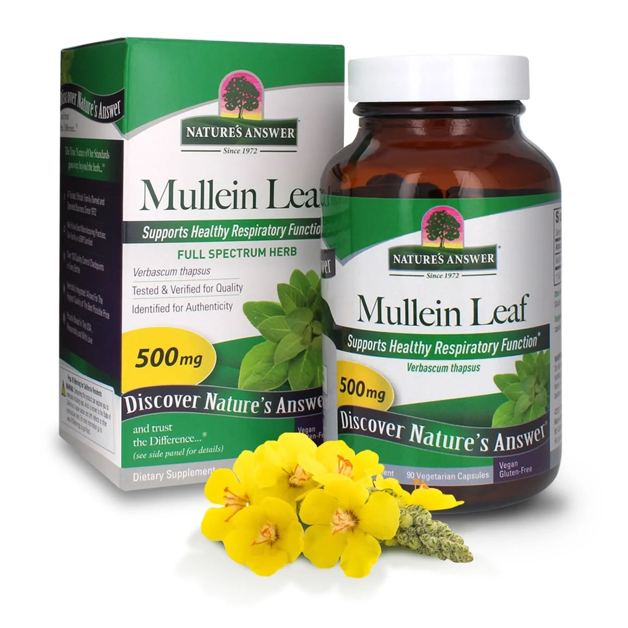 Nature's Answer Mullein Leaf Vegan Capsules 90 count supplement front box & bottle label