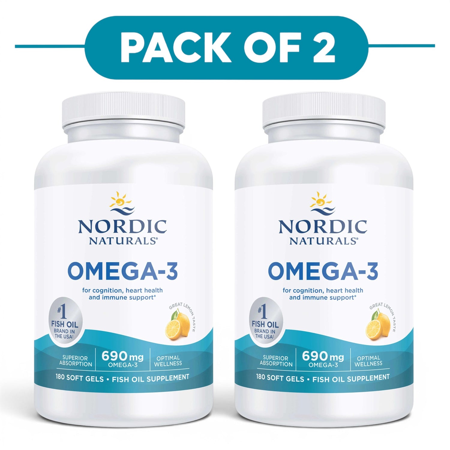 Nordic Naturals Omega-3 690mg Lemon 180 Soft Gels Pack of 2