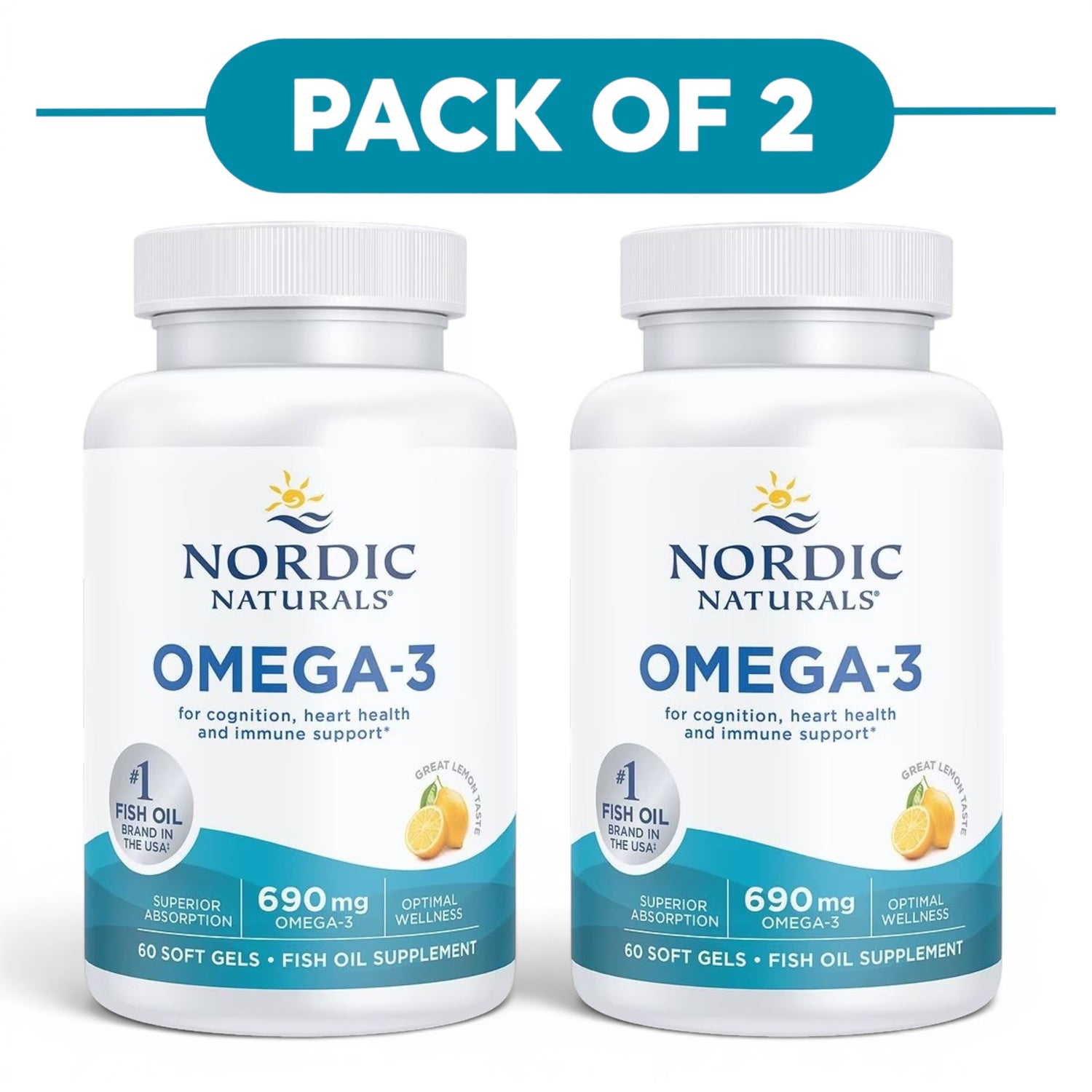 Nordic Naturals Omega-3 690mg Lemon 60 Soft Gels Pack of 2
