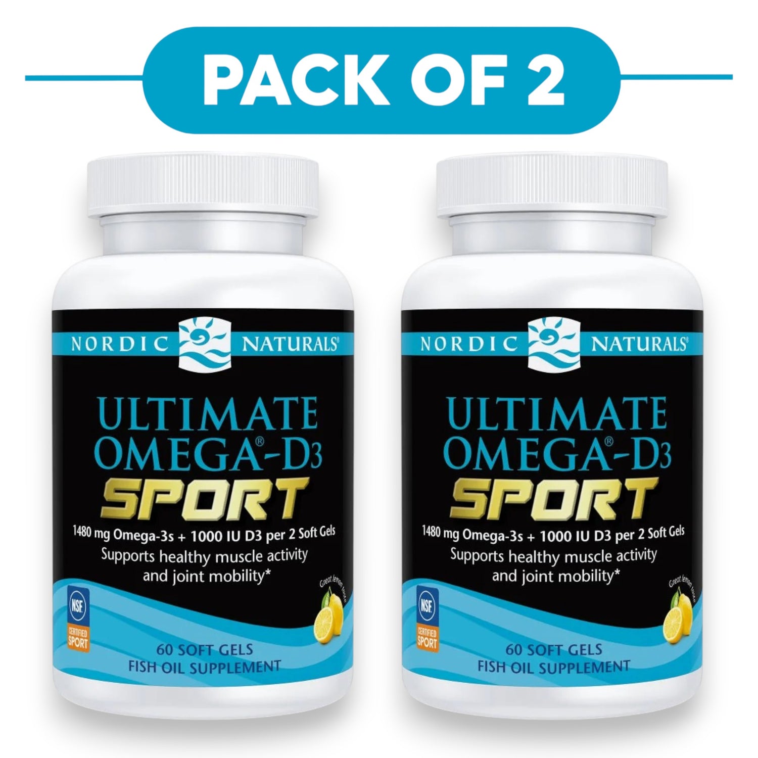 Nordic Naturals Ultimate Omega-D3 Sport 1480mg Lemon 60 Soft Gels Pack of 2
