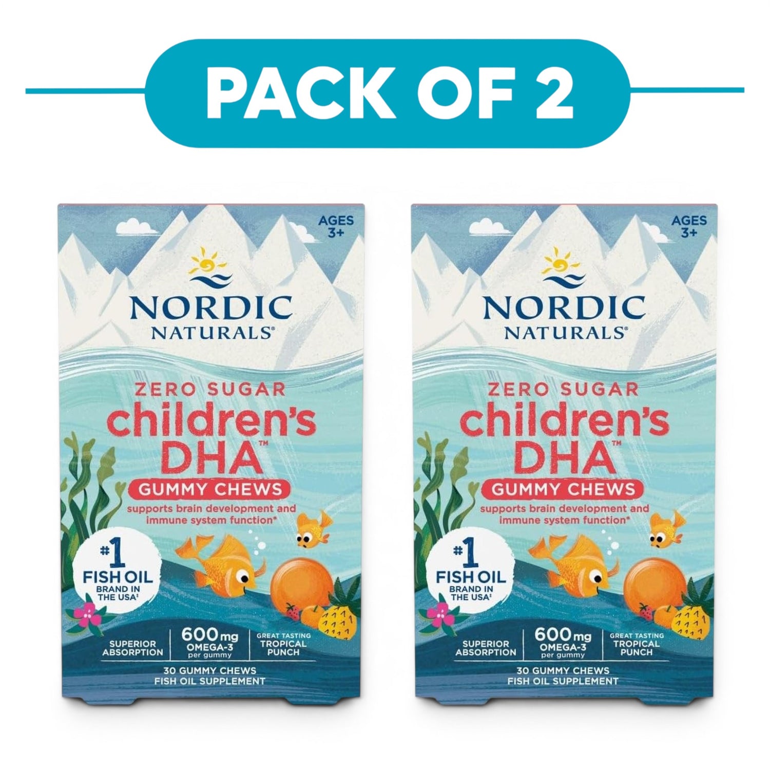 Nordic Naturals Zero Sugar Children's DHA 600mg 30 Gummies Pack of 2