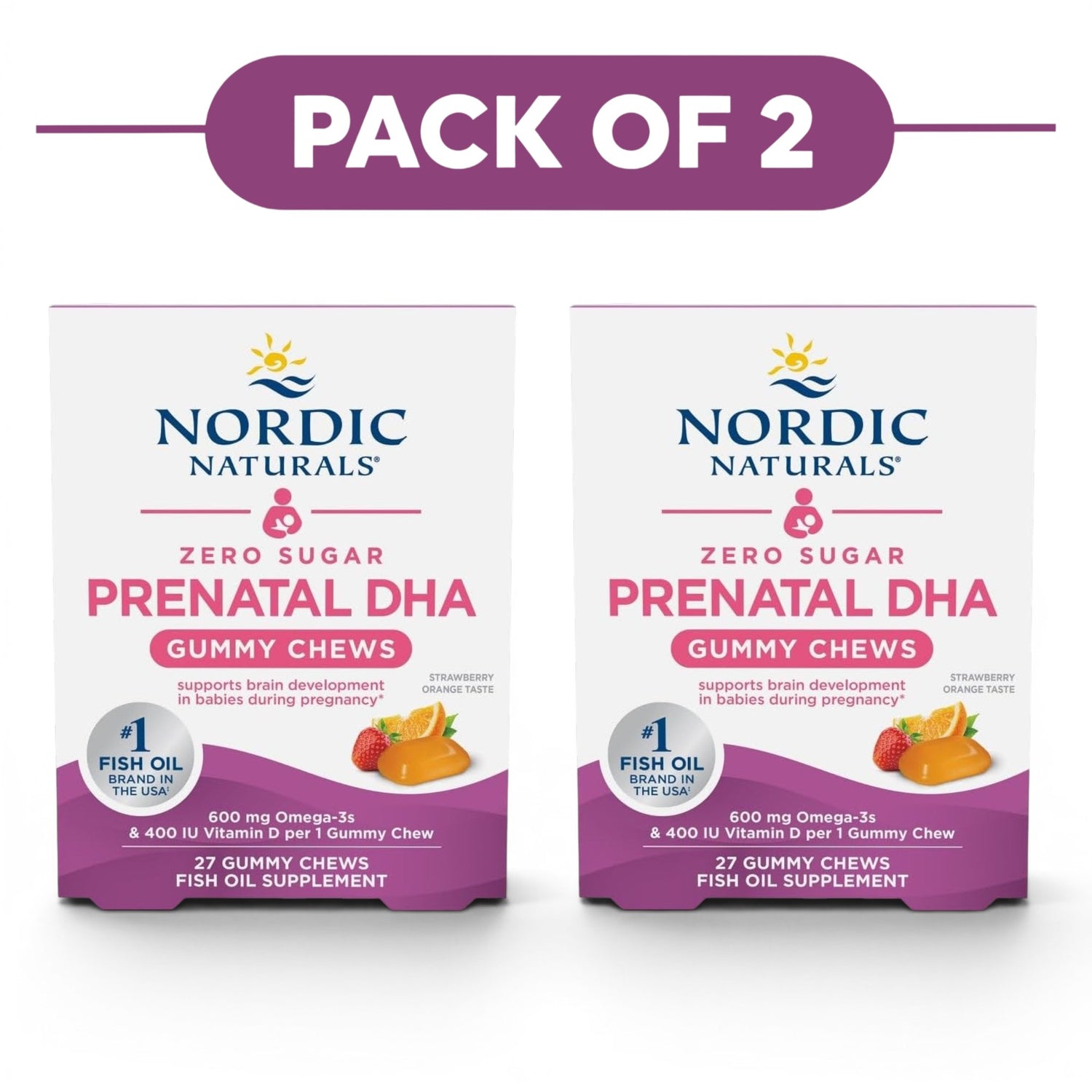 Nordic Naturals Zero Sugar Prenatal DHA 600mg 27 Gummies Pack of 2