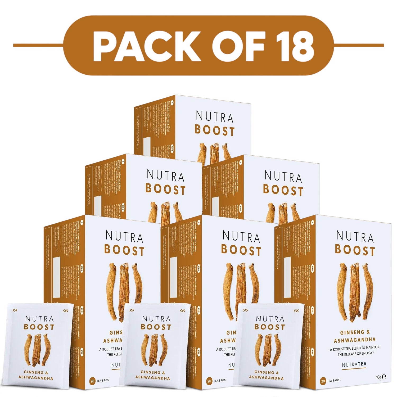 NutraTea NutraBoost Ginseng & Ashwagandha Herbal Tea 20 Tea Bags Pack of 18
