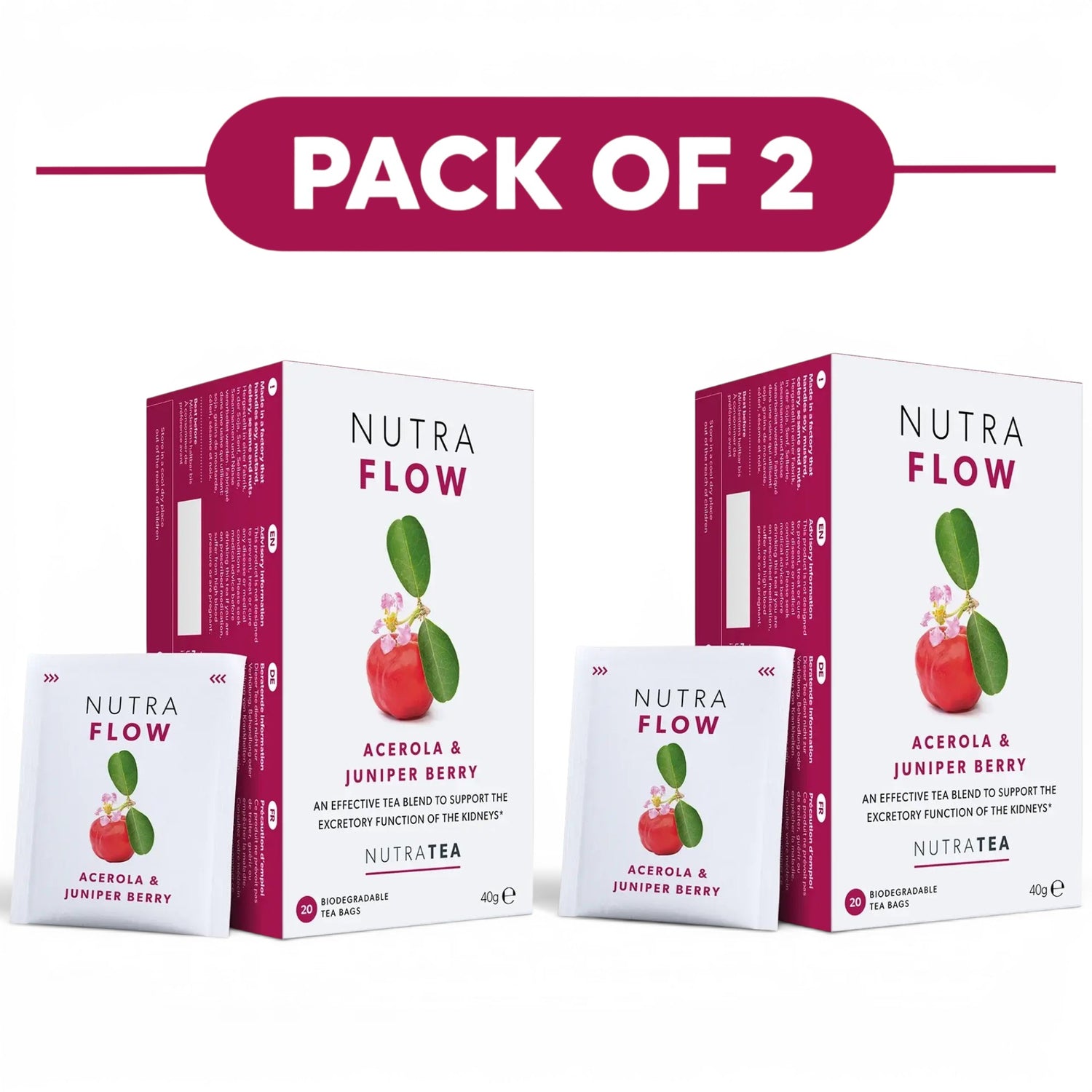 NutraTea NutraFlow Acerola & Juniper Berry Herbal Tea 20 Tea Bags Pack of 2