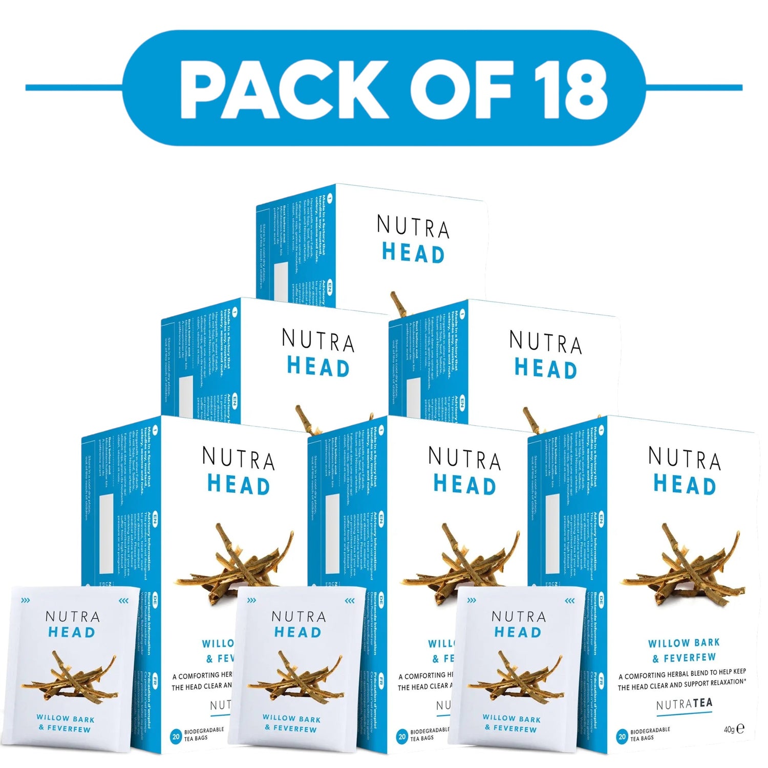 NutraTea NutraHead Willow Bark & Feverfew Herbal Tea 20 Tea Bags Pack of 18