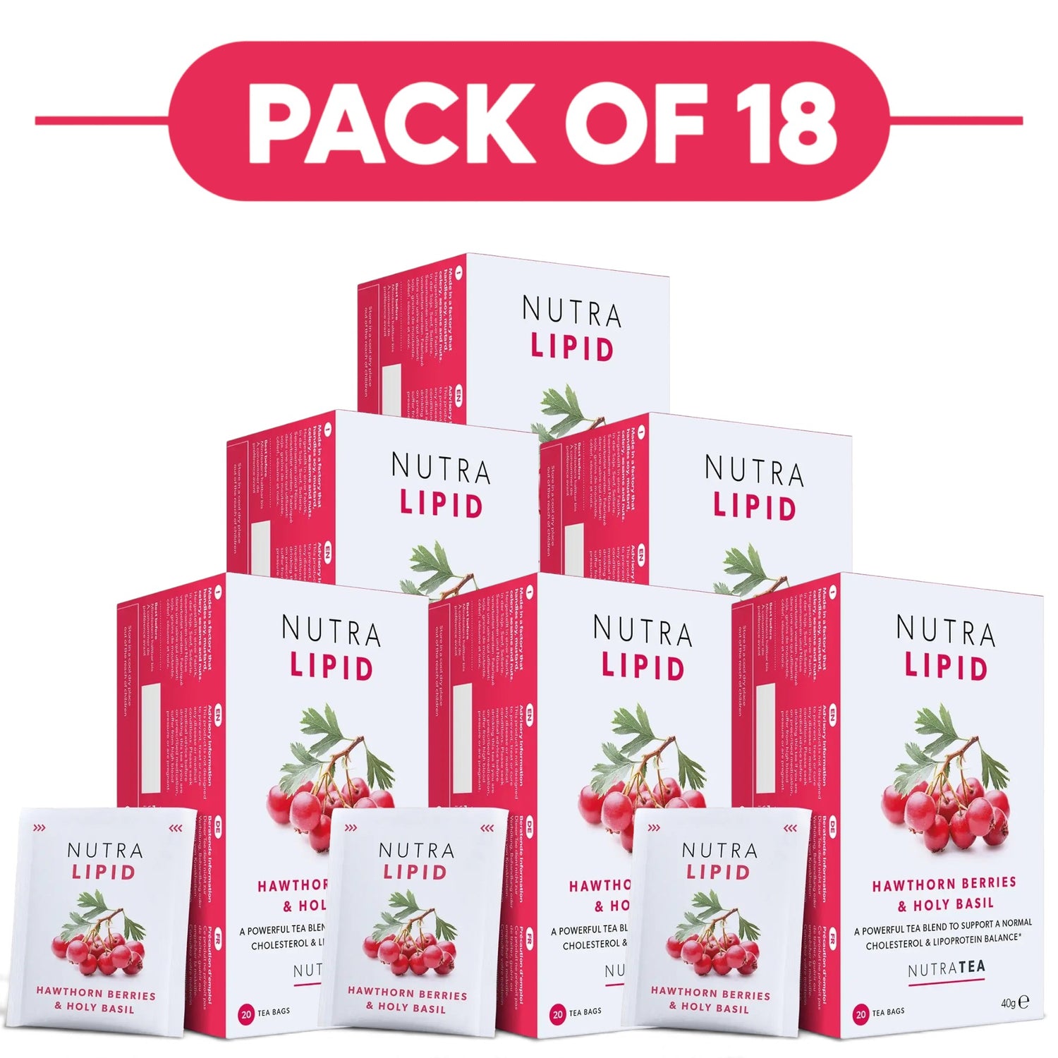 NutraTea NutraLipid Hawthorn Berries & Holy Basil Herbal Tea 20 Tea Bags Pack of 18