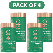 Four green Nutriburst Ashwagandha KSM-66 gummy bottles with rose gold caps arranged in a pack of 4 layout on a white background with a green 'PACK OF 4' banner at the top.