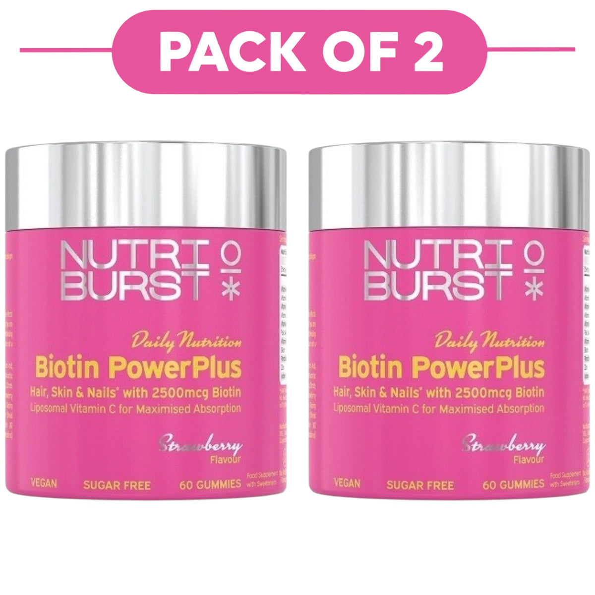 Two pink jars of Nutri Burst Biotin Power Plus gummies shown side by side with a pink 'PACK OF 2' banner above them on a white background.