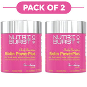 Two pink jars of Nutri Burst Biotin Power Plus gummies shown side by side with a pink 'PACK OF 2' banner above them on a white background.