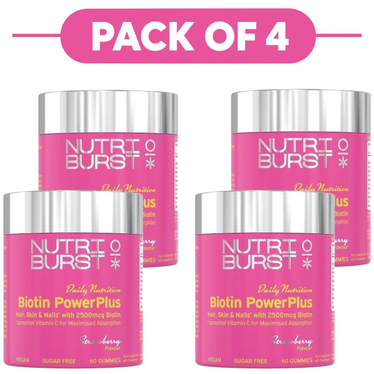 Nutriburst Biotin PowerPlus 2500mcg Strawberry Gummies 60 Count Pack of 4