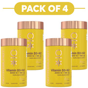 Four yellow Nutriburst Vitamin D3+K2 gummy bottles arranged in a pack of 4 display on a white background with a yellow 'PACK OF 4' banner at the top.