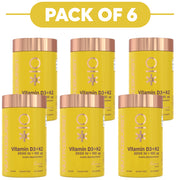 Six yellow NutriBurst Vitamin D3+K2 supplement bottles arranged in two rows beneath a yellow banner reading 'PACK OF 6'. The bottles have metallic rose gold caps and labels with black text.