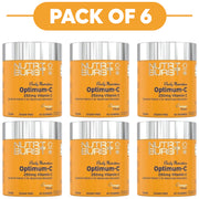 Six orange gummy bottles of Nutri Boost Optimum-C 250mg Vitamin C arranged in a 2x3 grid under a yellow-orange banner that reads 'PACK OF 6'.