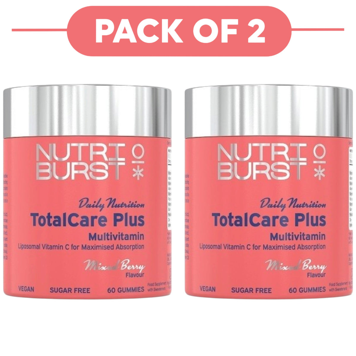 Two bottles of Nutri Burst TotalCare Plus Multivitamin gummies in Mixed Berry flavor, shown side by side with a pink 'PACK OF 2' banner at the top on a white background.