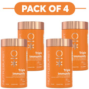 Four orange Nutriburst Triple Immunity gummy bottles arranged in a pack of 4 layout with a large orange 'PACK OF 4' banner at the top on a white background.