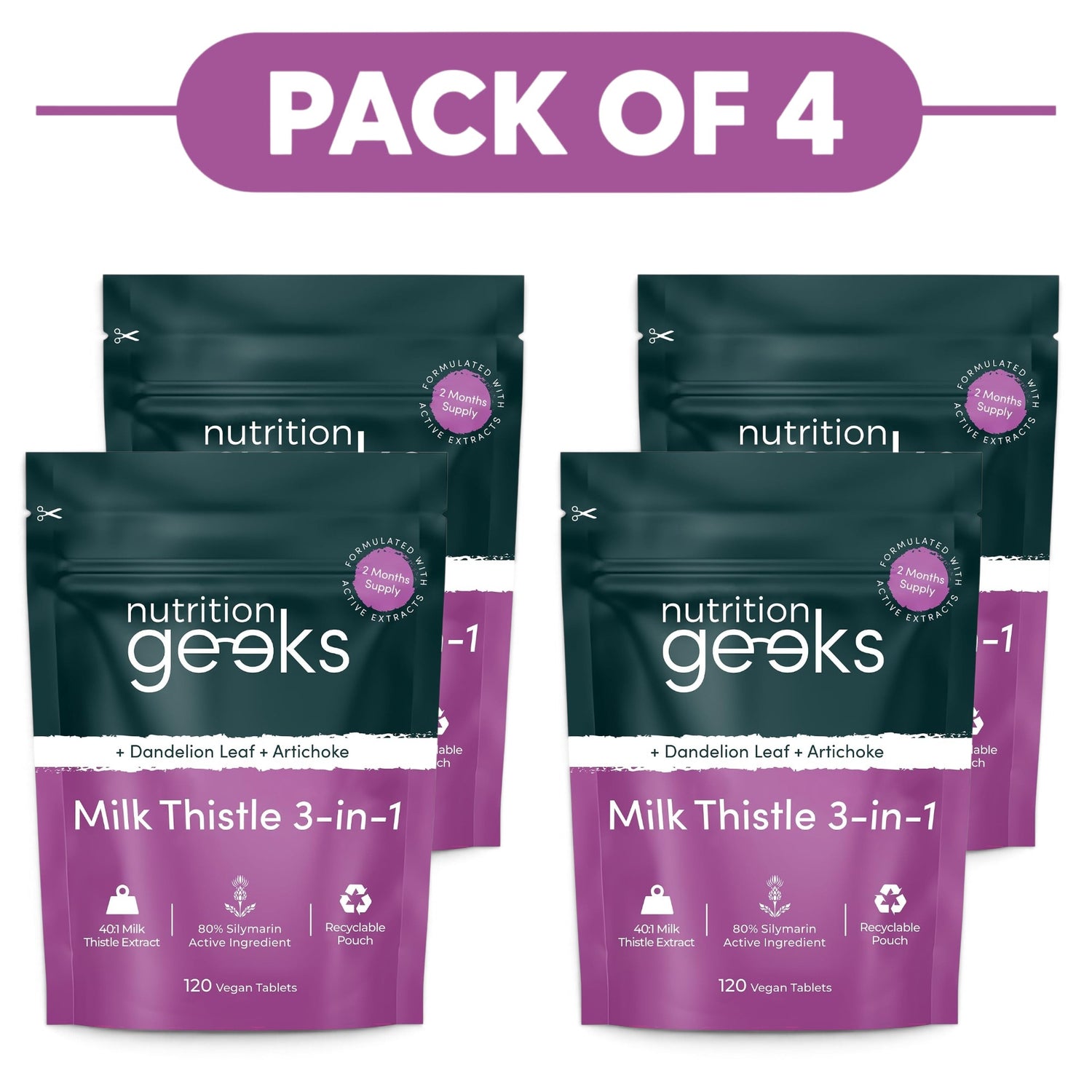 Nutrition Geeks Milk Thistle 3-in-1 120 Vegan Tablets Pack of 4