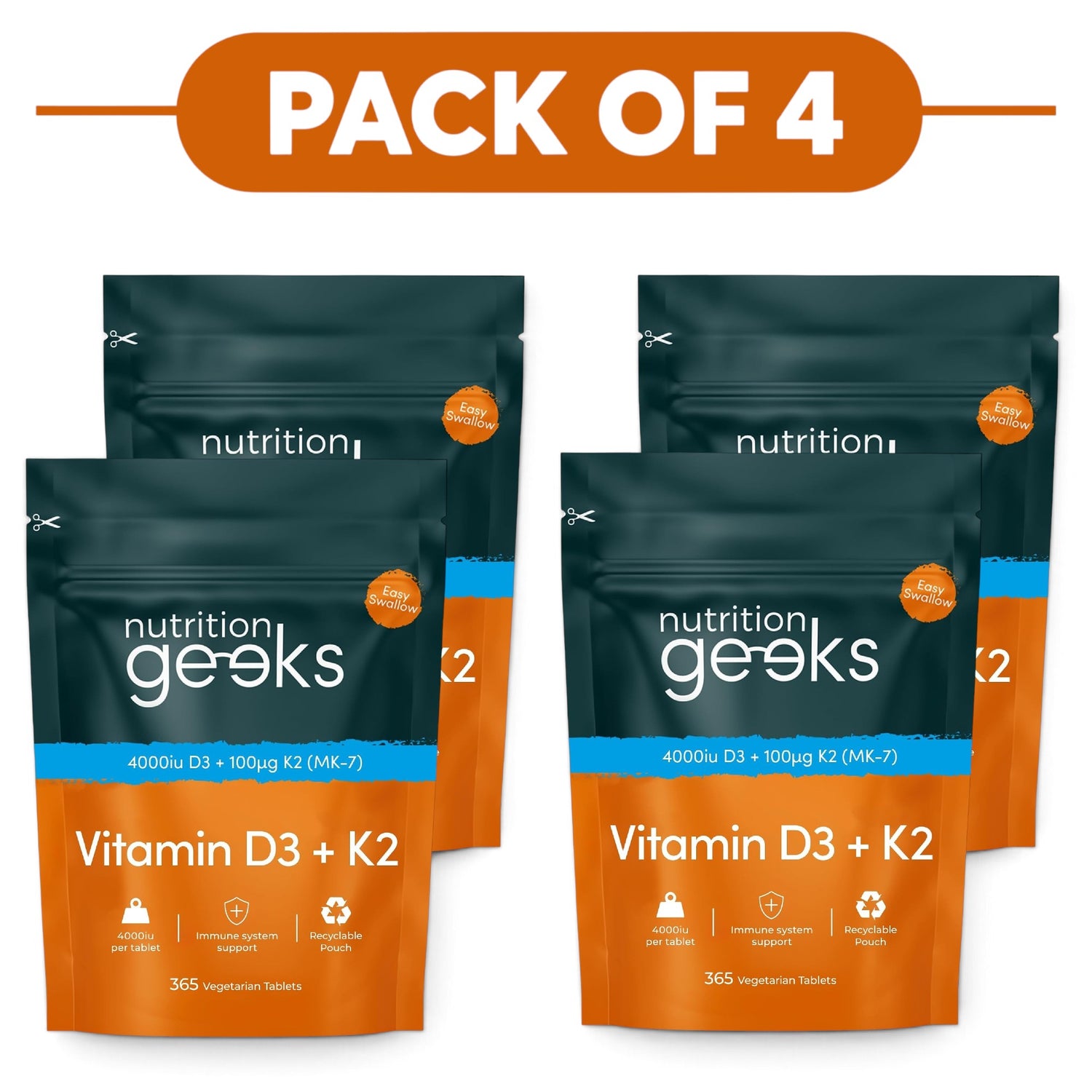 Nutrition Geeks Vitamin D3 + K2 365 Vegetarian Tablets Pack of 4