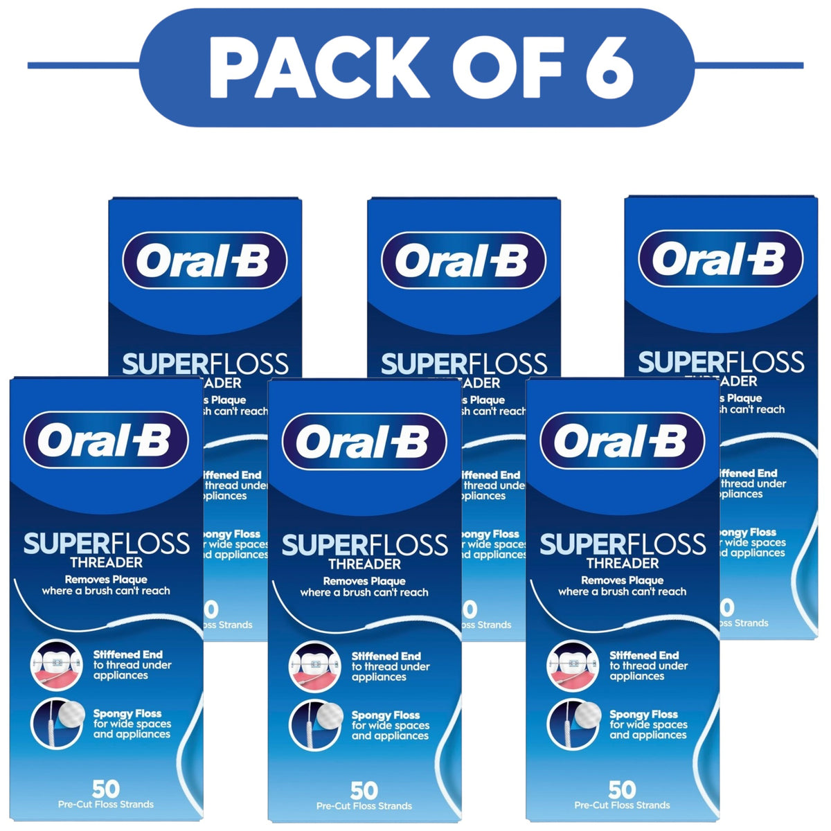 Oral-B Superfloss Threader Dental Floss 50 Pre-Cut Strands Pack of 6