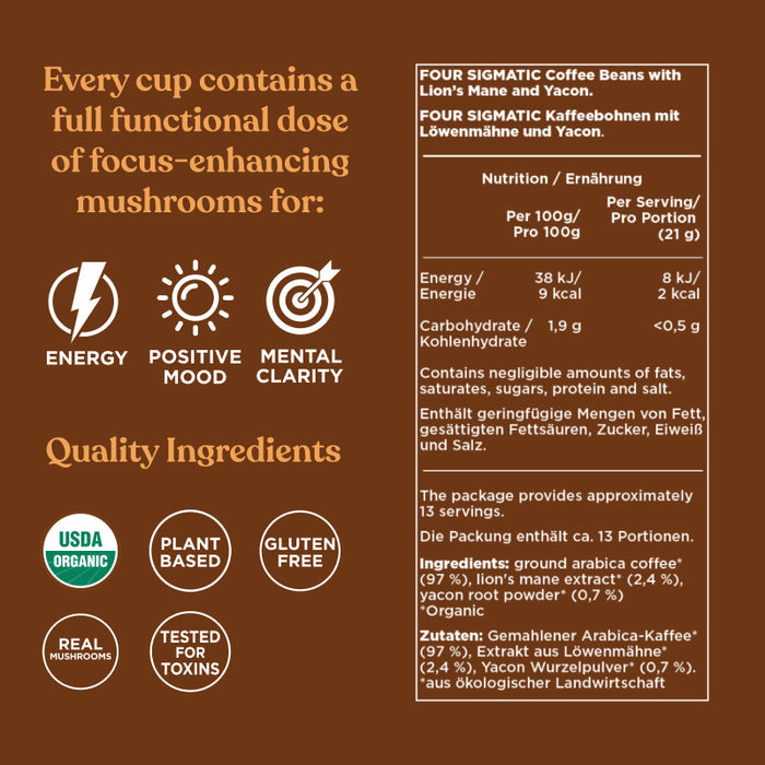Four Sigmatic mushroom coffee whole beans ingredients and details 283g