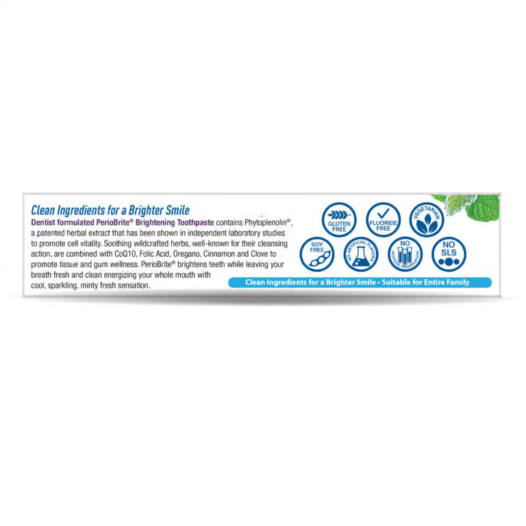 Nature’s Answer PerioBrite Whitening Toothpaste Wintermint 113.4g ingredient label on a white background