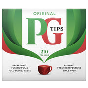 Front image: PG Tips Original black tea bags box 210 count biodegradable tea bags
