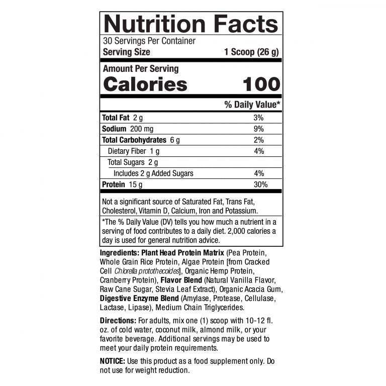 Genceutic Naturals Plant Head protein powder supplement facts label tub 780g
