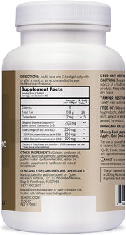 Supplement facts & ingredients image: Qunol Ubiquinol CoQ10 omega-3 supplement facts ingredients 200mg 90 count