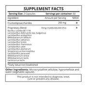 Supplement facts & ingredients image: Good Health Naturally Probiotic 14 supplement facts live cultures FOS capsules 120 count