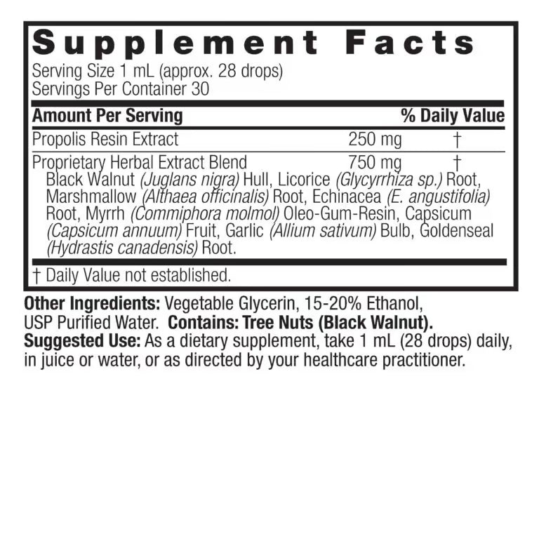 Nature’s Answer Propolis Resin Liquid Extract 30ml supplement facts label on a white background.