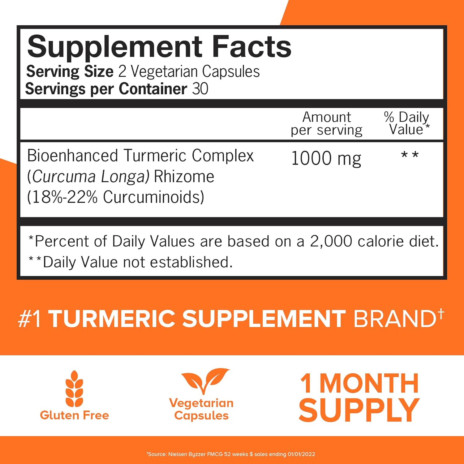 Supplement facts & ingredients image: Qunol Turmeric Curcumin complex supplement facts 1000mg ingredients 60 count