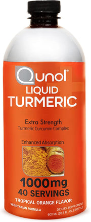 Front image: Qunol Liquid Turmeric Curcumin orange flavour liquid supplement bottle 600ml